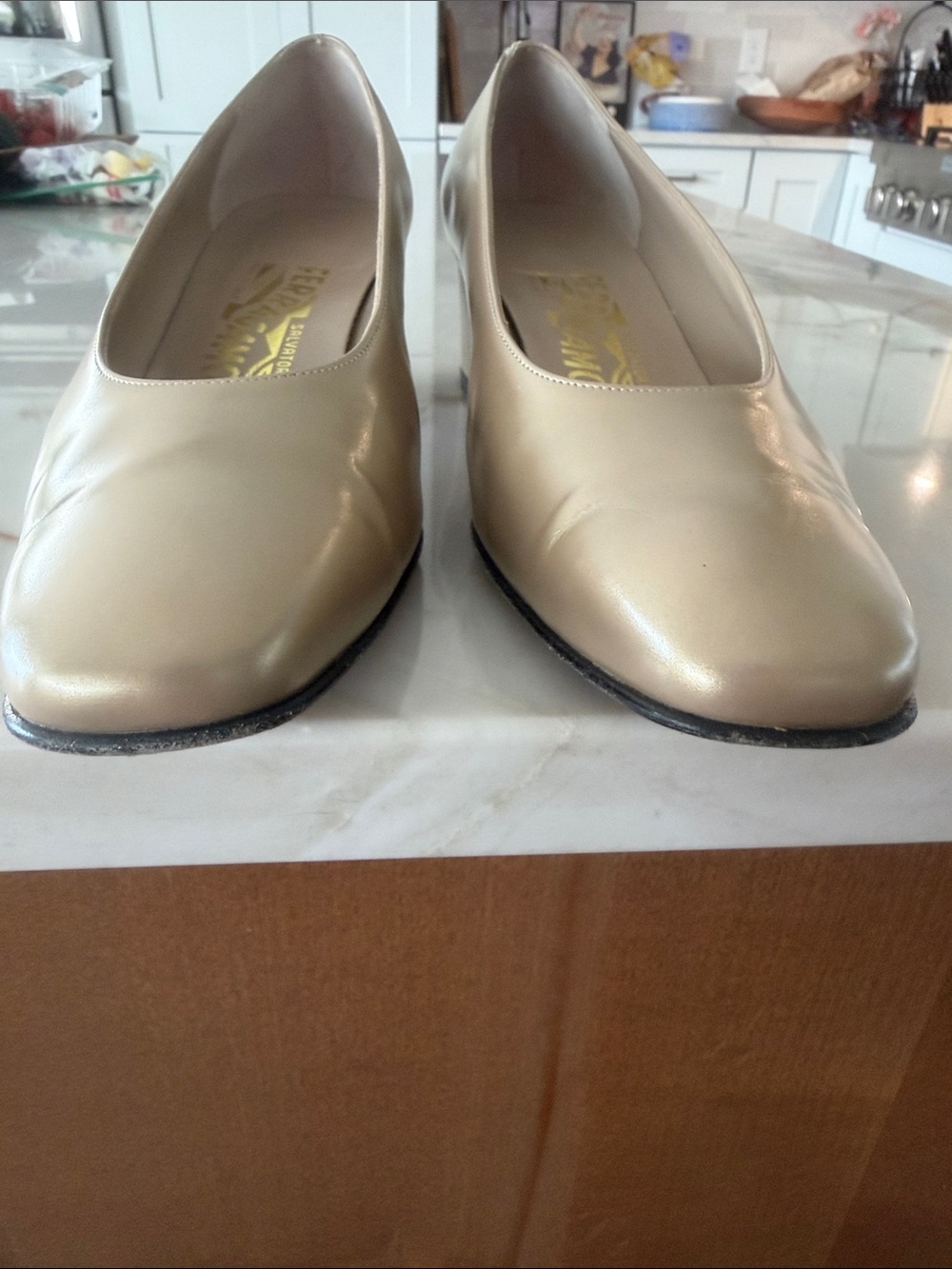 Salvatore Ferragamo Soft Gold/Beige Leather Square-Toe Block Heel Pumps - Picture 9 of 10